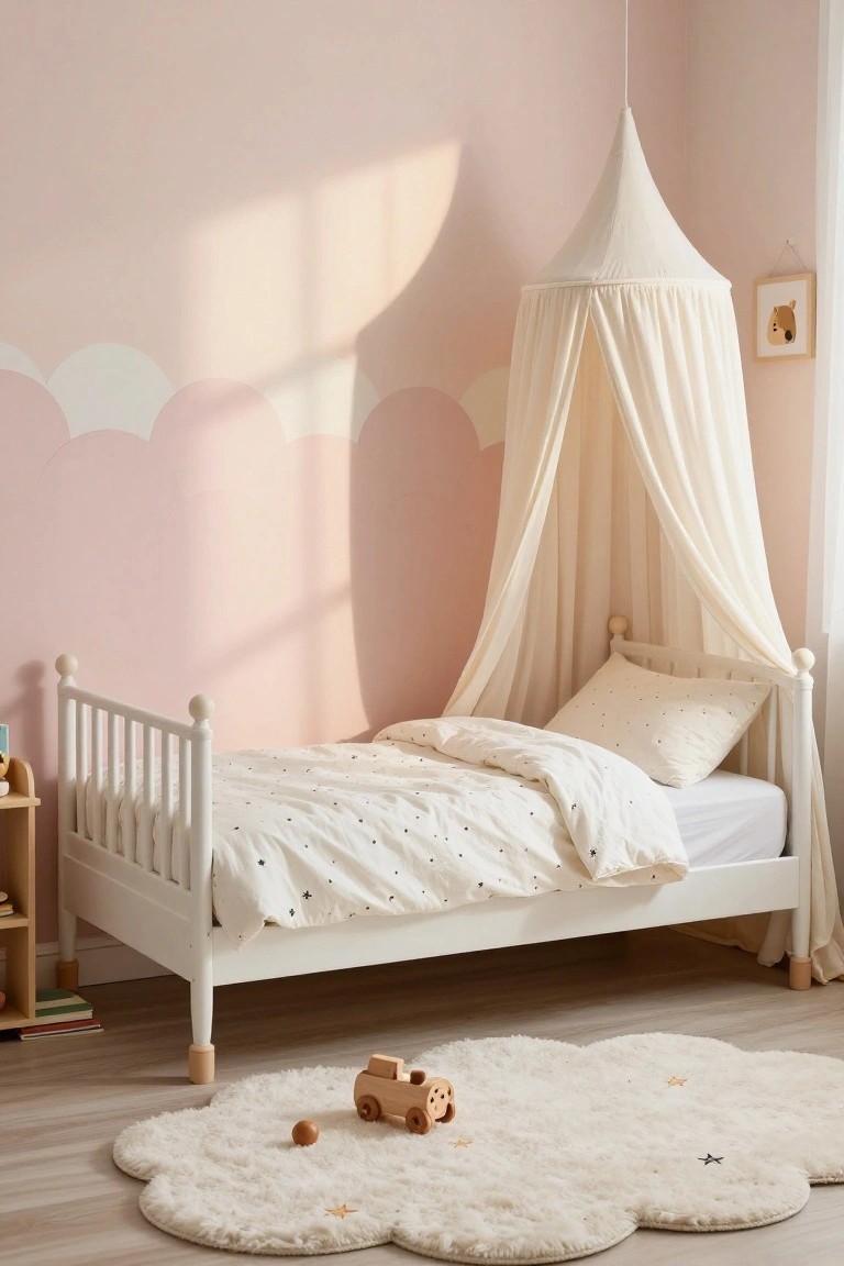 Pink child's bedroom with white wooden spindle single bed under conical white sheer canopy, cloud shapes on walls, wooden shelf with toys, and white cloud-shaped rug on floor.
