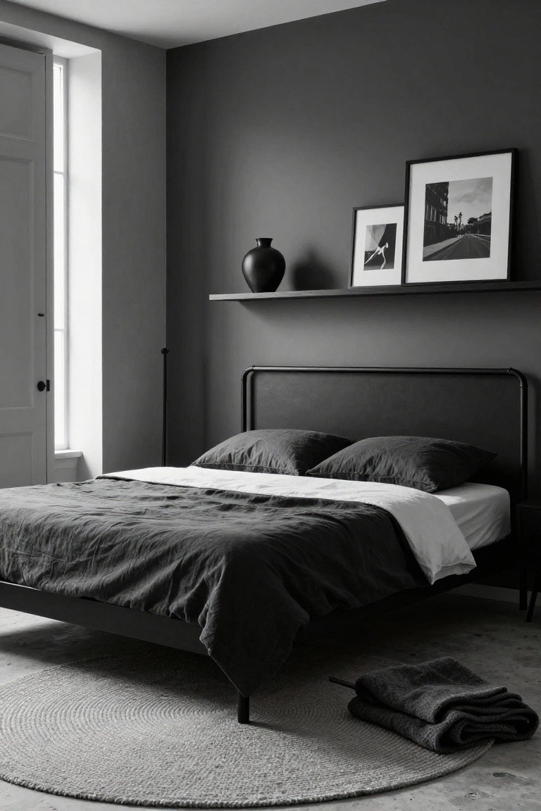 Black-and-white photo of a bedroom corner with dark gray walls, white-shuttered window, floating wooden shelf holding black vase and black-framed photos, black metal bed frame with gray linen bedding and white sheets, and round seagrass rug on concrete floor.