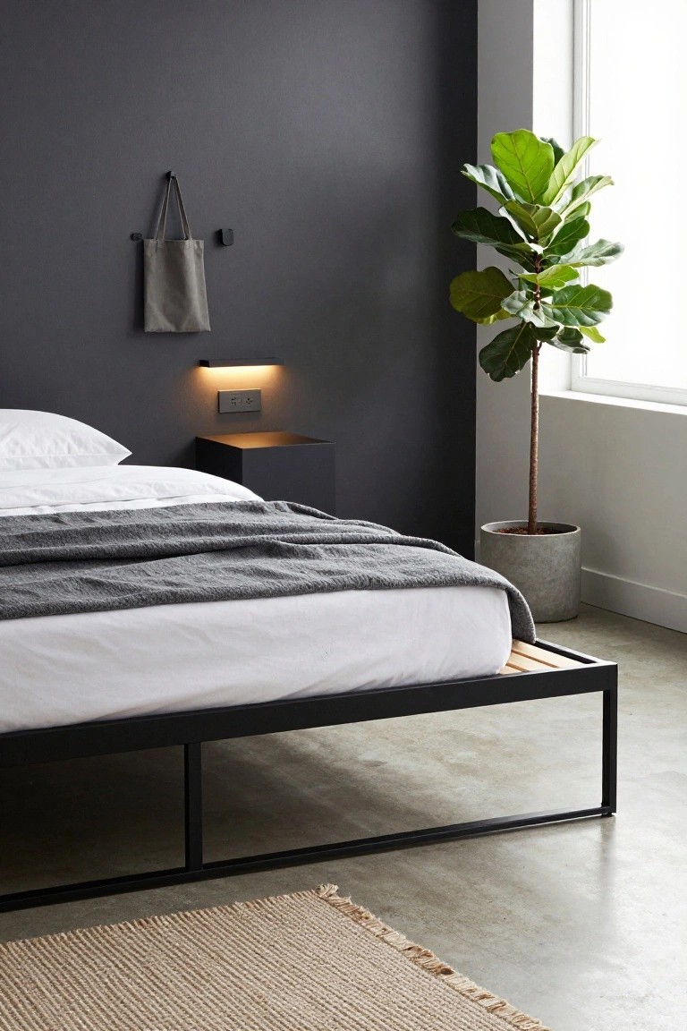 A minimalist bedroom with a black metal platform bed frame on wood slats, white bedding, gray throw, black cube nightstand, wall-mounted light and bag, and a large potted fiddle leaf fig plant next to a window.
