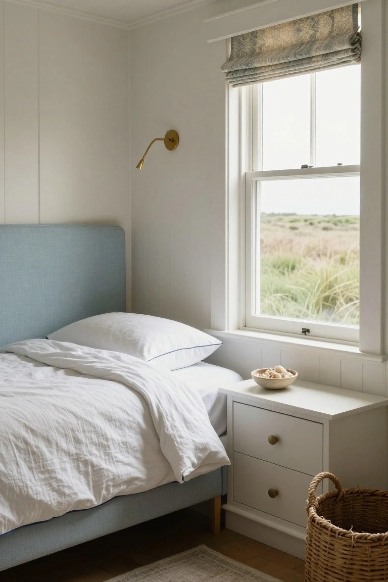 Cozy bedroom corner showing a single bed with light blue upholstered headboard, white linen bedding draped over it, white nightstand holding a bowl of shells and a wicker basket, gold wall lamp, and window with view of grassy fields.