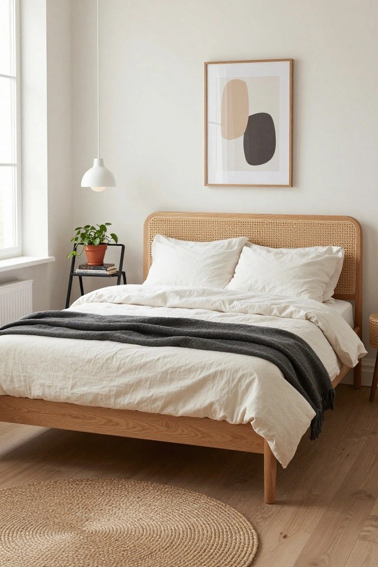 A cozy bedroom with a low oak single bed frame featuring a rattan headboard, white linen bedding draped with a gray throw, a potted plant on a black metal stand nearby, abstract beige and black wall art, white pendant light, and a seagrass rug on light wood floors next to a window and radiator.
