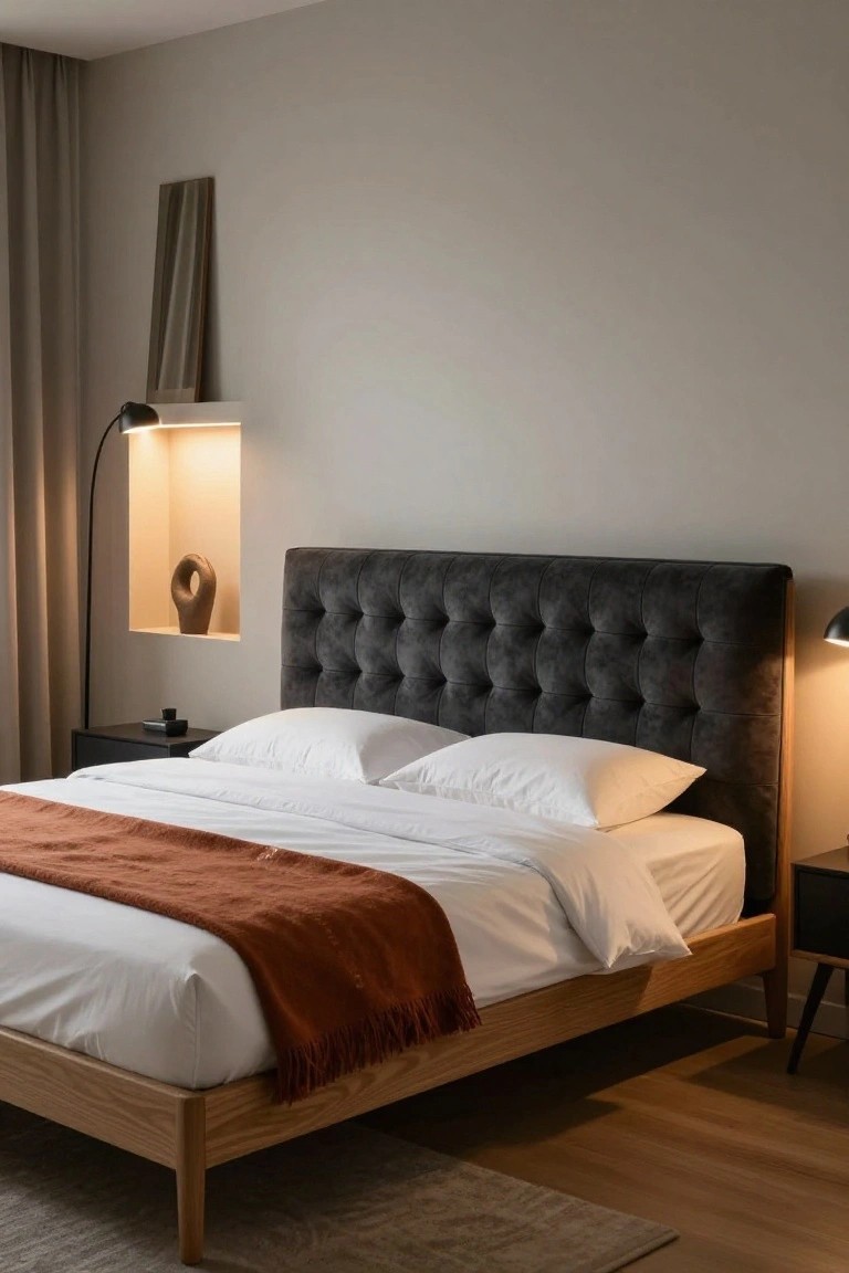 Bedroom interior with light wooden bed frame, gray tufted velvet headboard, white bedding, orange throw blanket, black nightstand, floor lamp, and niche wall light on light gray walls and wood floor.