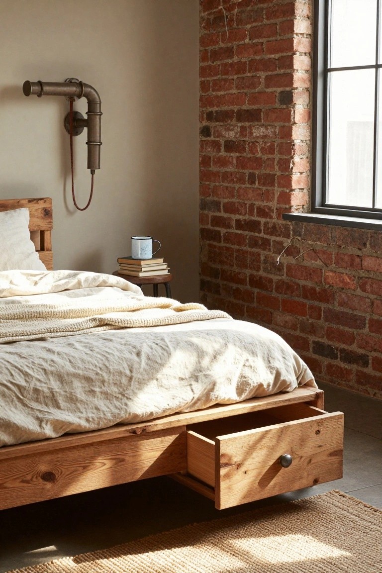 Wooden single bed frame with open storage drawer at the base, white linen bedding, side table with books and enamel mug, industrial pipe wall lamp, exposed brick wall, and large window in a bedroom.