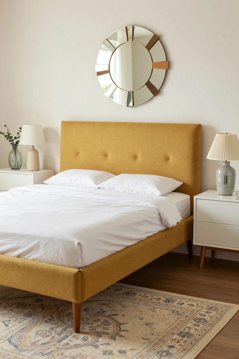 Bedroom interior with mustard yellow tufted upholstered single bed frame on wooden legs, white bedding, two white nightstands with lamps and vases, round sunburst mirror on wall, and patterned rug on hardwood floor.