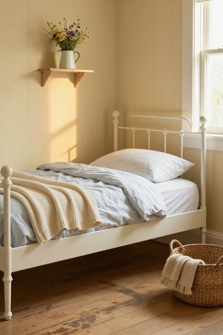 A single white iron bed frame with knobbed posts in a pale yellow bedroom, topped with a blue duvet, white pillow, and cream knit throw, beside a window with a wooden shelf holding a vase of wildflowers and a wicker basket on the wooden floor.