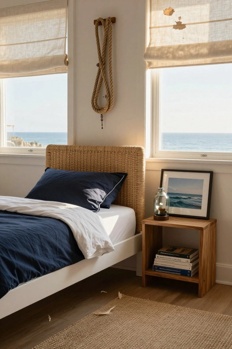 A single bed with white frame and beige wicker headboard, navy pillow and sheets with white duvet, next to wooden nightstand holding books and glass lantern, in sunlit bedroom with linen curtains, rope wall hanging, and ocean view through two large windows.