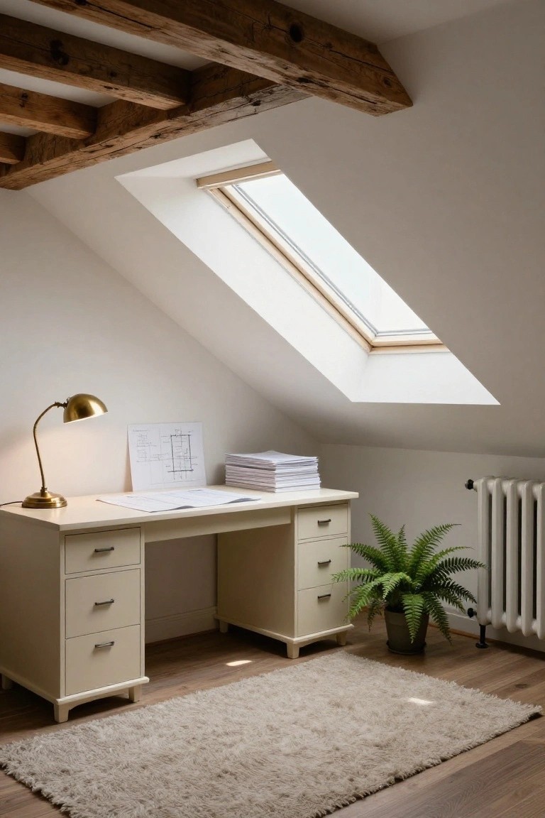 Cream desk with drawers and brass lamp in white attic room under sloped ceiling with wooden beams and skylight, blueprints on desk, fern plant by radiator, beige rug on wood floor