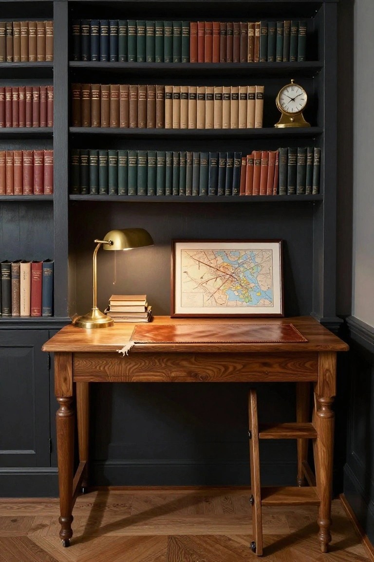 Wooden desk with brass lamp, leather pad, stacked books, and framed map in a dark-painted bookshelf alcove with clock and vintage books on shelves.