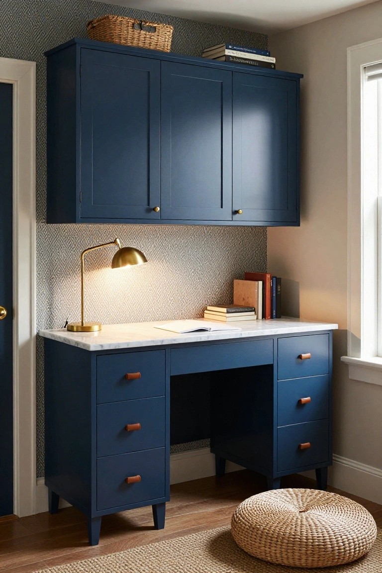 Navy blue wall-mounted upper cabinets above a matching desk with white marble top, gold arched lamp, books, and woven pouf stool in a small indoor office nook.