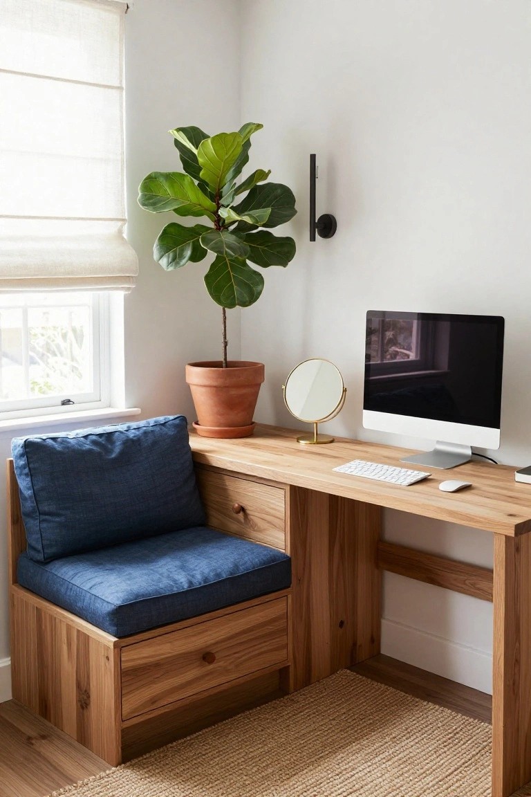 Wooden built-in corner desk with integrated blue cushioned bench seat and storage drawer, next to a potted fiddle leaf fig plant, gold mirror, Mac monitor, keyboard, and window with sheer blinds in a white room.