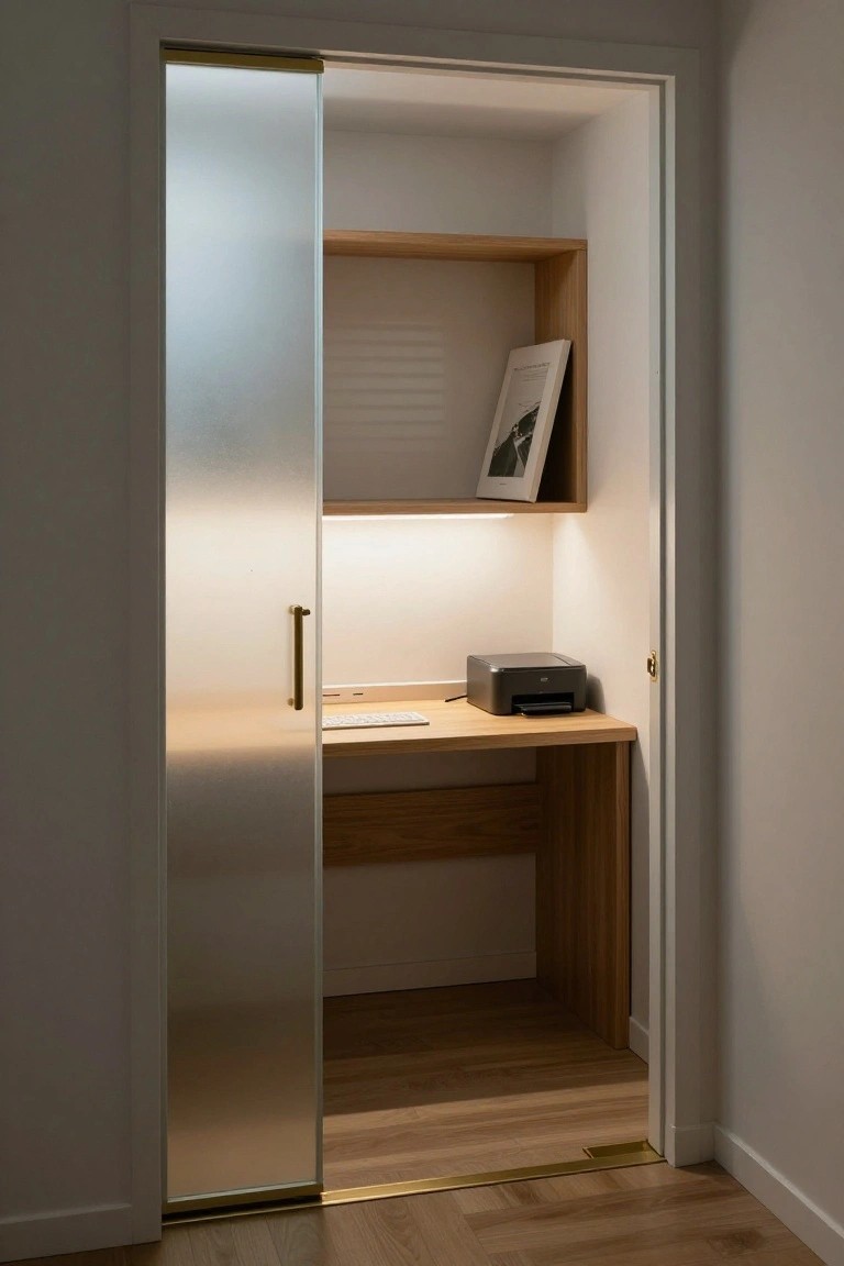 Narrow closet space converted into a home office with open frosted glass sliding door, built-in wooden desk holding keyboard and mouse, small printer on shelf, and upper shelf displaying book and framed photo.