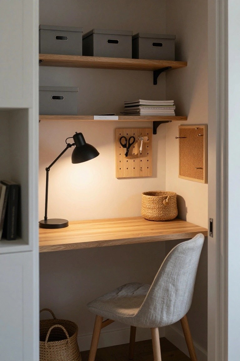 A small home office built into a white closet with oak wood desk, black adjustable desk lamp, gray storage boxes on floating shelves, wooden pegboard with scissors, cork bulletin board, wicker baskets, and light gray curved chair.