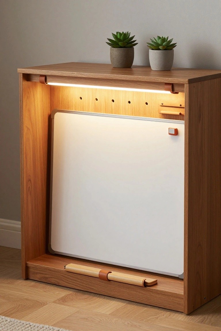 Wooden freestanding cabinet with oak frame enclosing a large whiteboard, integrated LED strip lighting at the top, two potted succulents on the upper shelf, wooden marker holder and eraser tray, on a light wood floor.