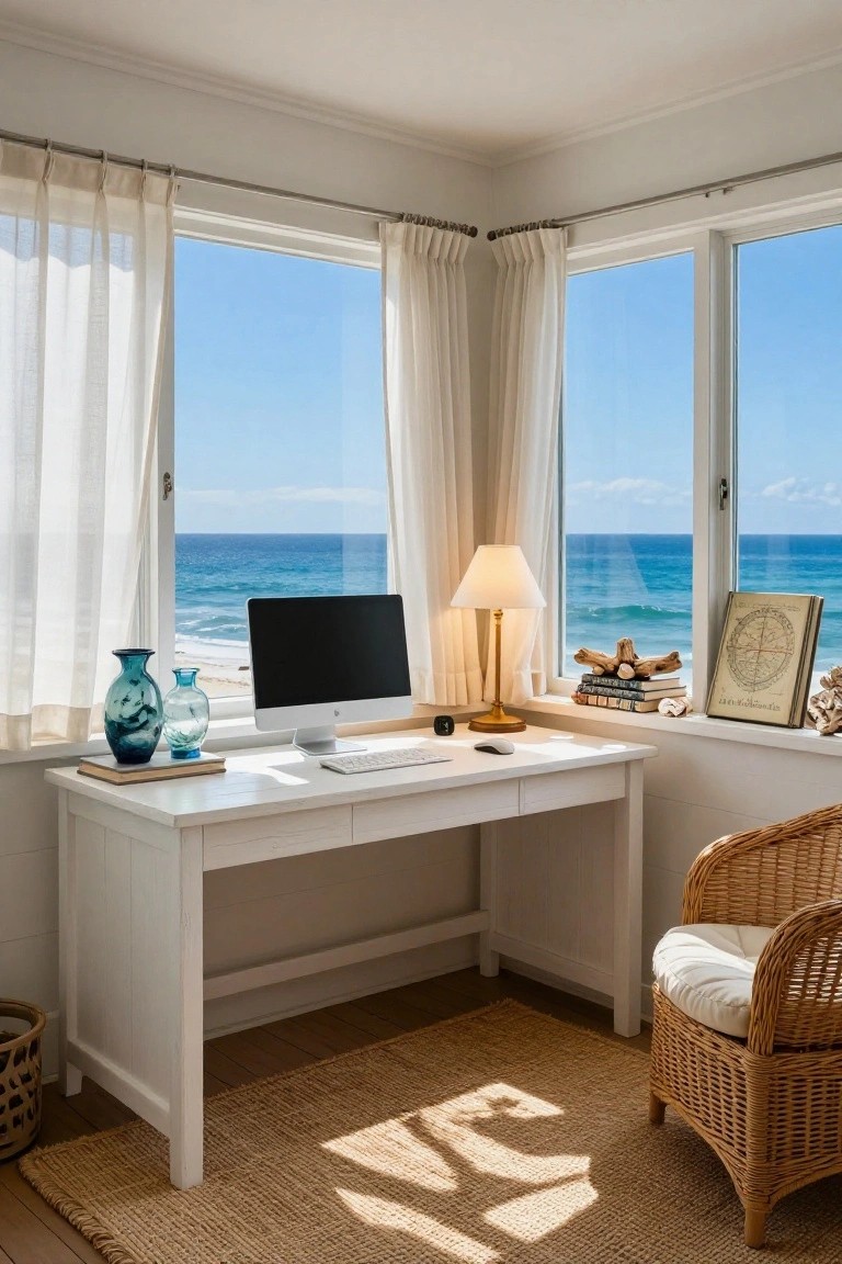 Corner room with white desk holding iMac monitor, keyboard, lamp, blue glass vases, books, and nautical decor on windowsill overlooking ocean through sheer curtains, rattan chair nearby on seagrass rug.