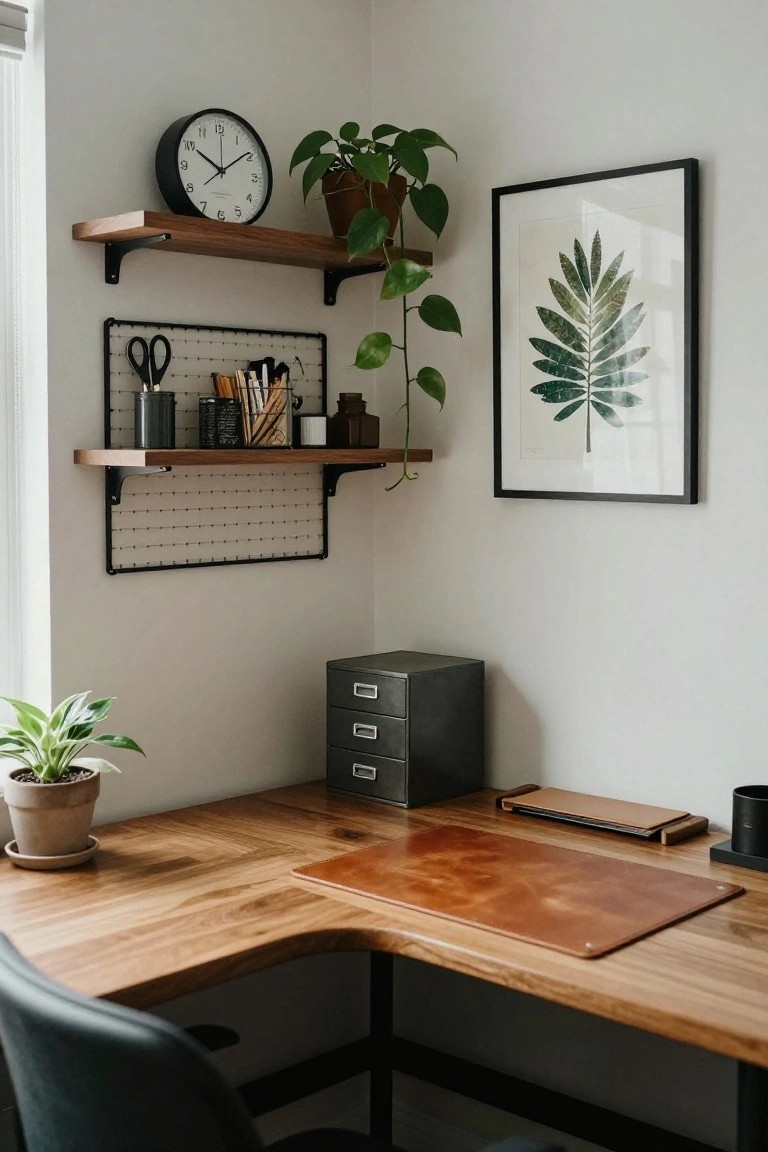 Corner home office setup featuring an L-shaped wooden desk with leather desk mat, metal drawer unit, potted plants, floating wooden shelves with office supplies and greenery, wire basket organizer, black wall clock, and framed leaf art on white walls.