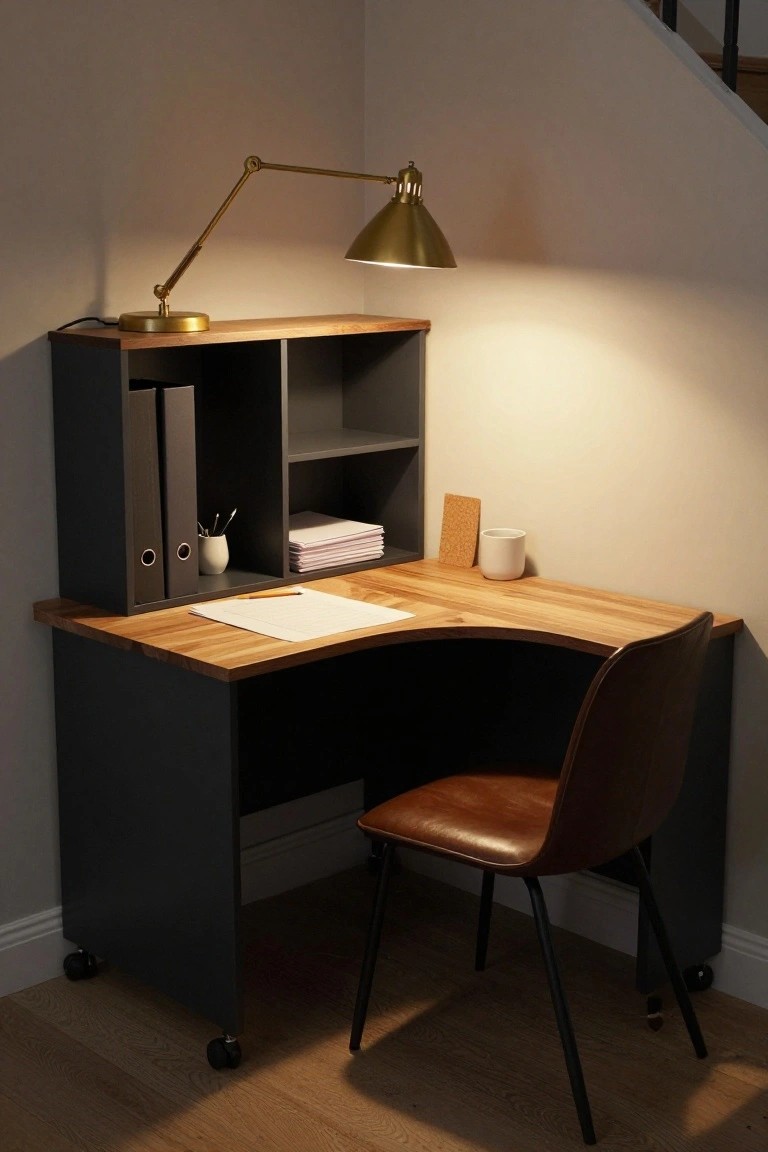 A compact corner desk with light wood top and dark cabinet shelving unit above, gold adjustable lamp, papers, mug, and brown leather chair on casters in a beige-walled room corner near stairs.