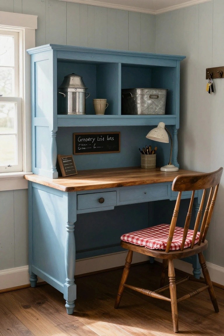 Blue painted wooden hutch desk with open shelves holding metal containers and a basket above a butcher block top, wooden chair with red checkered seat cushion, blackboard sign reading "Grocery List", in a pale blue paneled room with window.