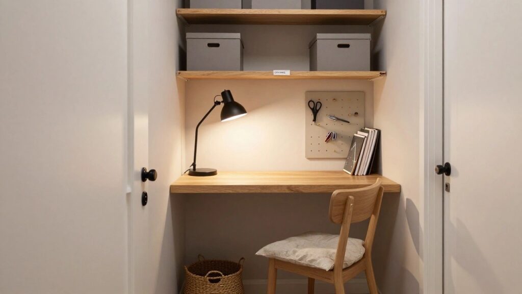 A small home office built into a white closet with oak wood desk, black adjustable desk lamp, gray storage boxes on floating shelves, wooden pegboard with scissors, cork bulletin board, wicker baskets, and light gray curved chair.