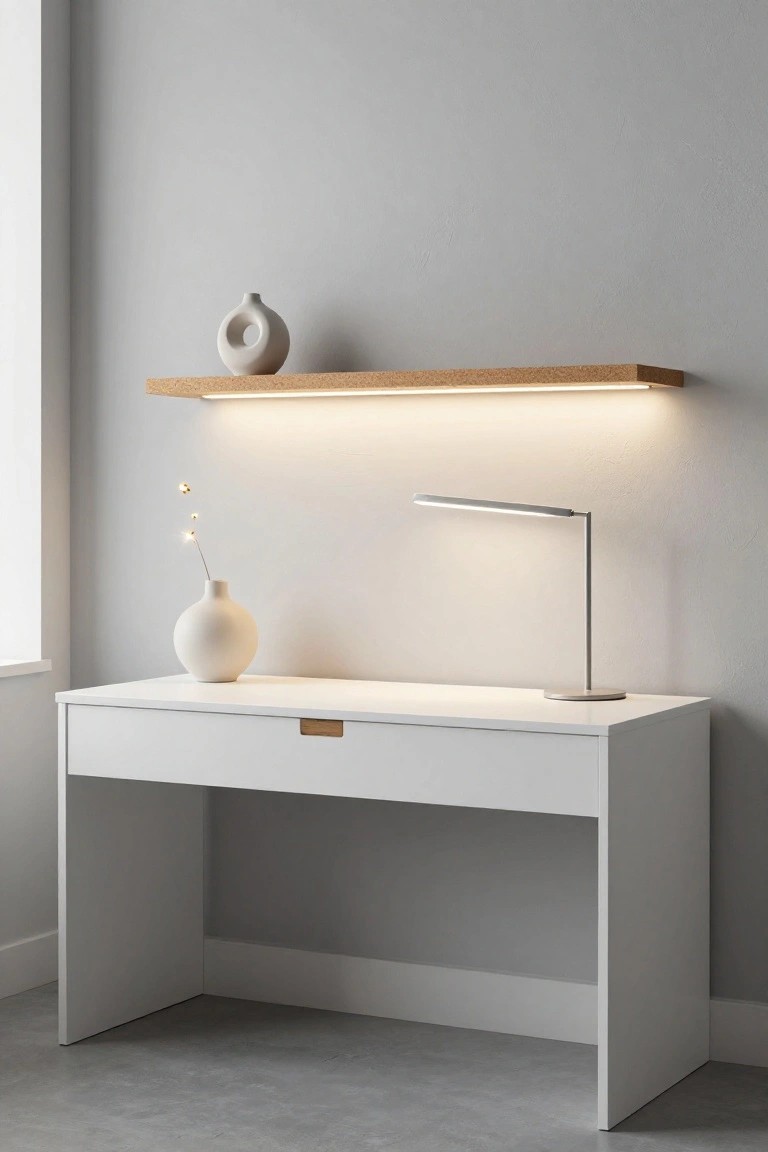 White desk against a light gray wall with a wooden floating shelf above it lit by integrated LED strip, white ceramic vases on shelf and desk, slim adjustable desk lamp on desk surface.