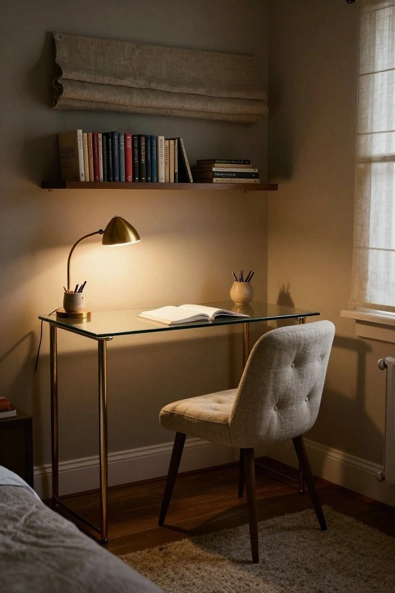Corner home office with glass-top desk on gold legs, adjustable desk lamp, open book on desk, ceramic mug with pens, tufted fabric chair, wall shelf of books above, and bed partially visible nearby.