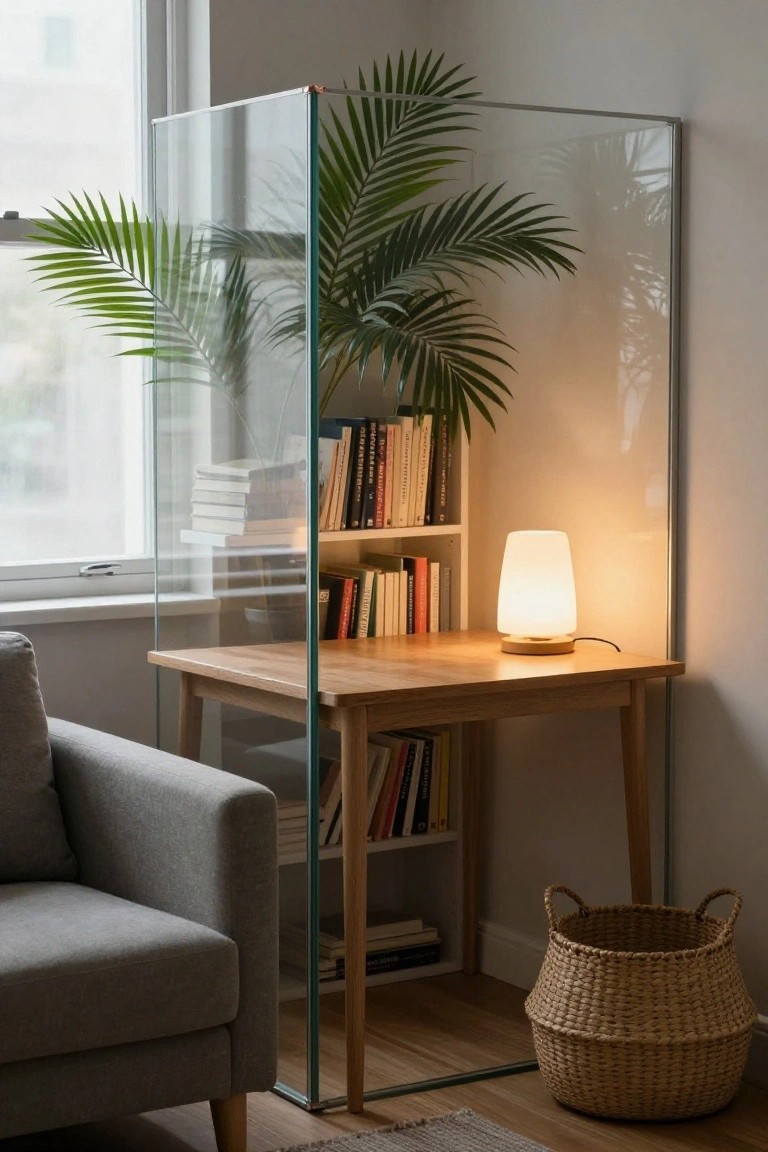 Corner nook with tall glass partition enclosing wooden desk, white lamp, bookshelves, potted palm plant, gray sofa, and wicker basket in a bright room with window.