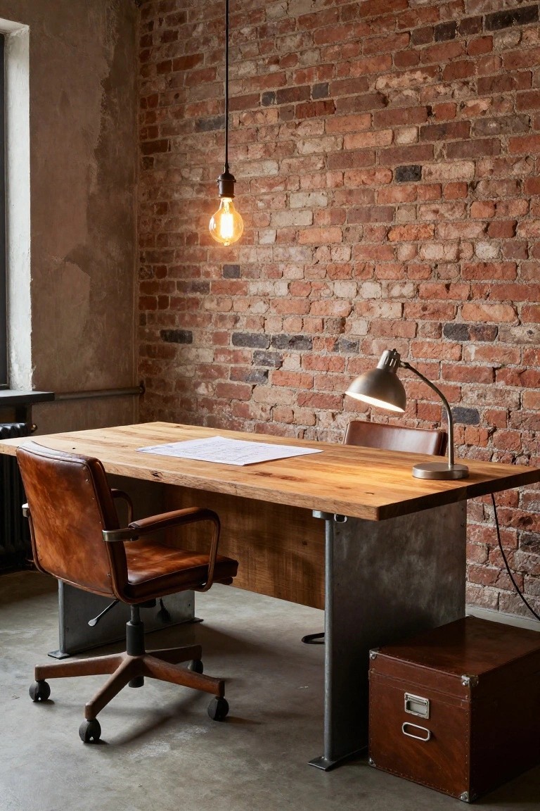Small home office corner with exposed brick wall, wooden desk on metal legs and frame, brown leather swivel chair, adjustable desk lamp, hanging bulb light, blueprint paper on desk, and wooden storage crate next to desk.