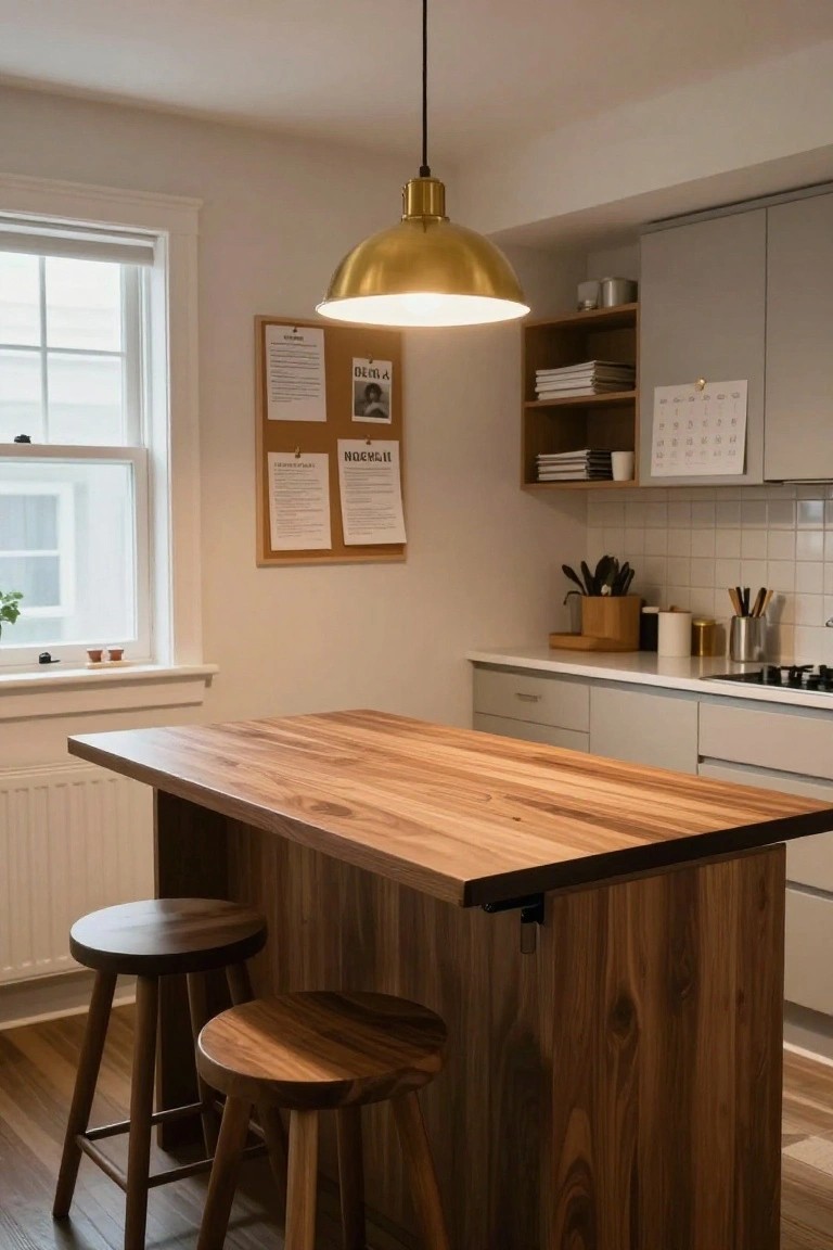 Modern kitchen interior with light gray cabinets, a wooden island countertop with two wooden stools, open wooden shelving, a bulletin board on the wall, and a window with blinds.