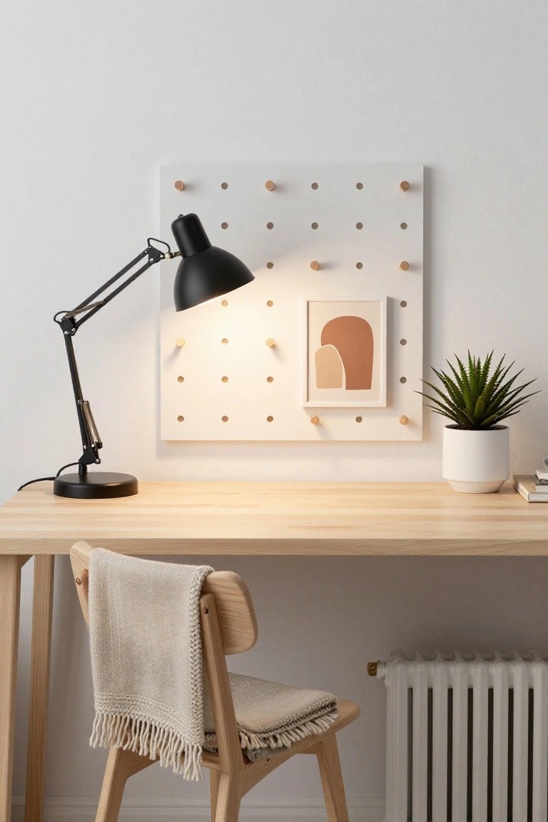 Small home office with light wood desk and chair draped in cream throw, black adjustable arm lamp, white pegboard wall with wood pegs holding framed beige abstract art, potted spiky green plant in white pot, stack of books, and white radiator below against white wall.
