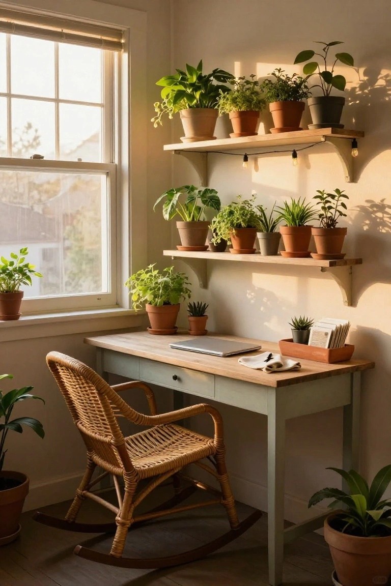 Small home office with light green desk, rattan rocking chair, laptop, and multiple wooden shelves lined with potted plants along a sunlit window wall.