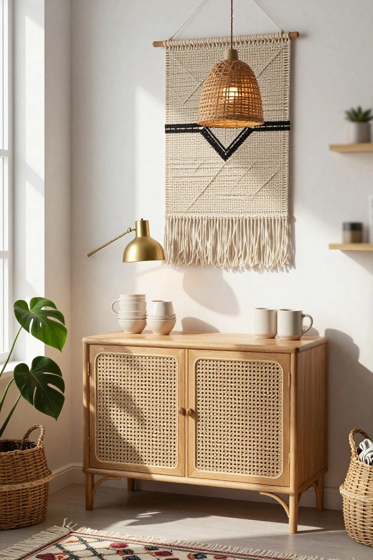 Bright indoor corner with a light wood cabinet featuring rattan doors, topped by stacked white bowls and mugs, flanked by a monstera plant and woven baskets, under a macrame wall hanging with rattan pendant light and gold desk lamp on white walls.