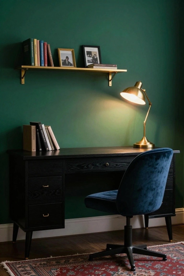 Emerald green wall in a small home office with black wooden desk, blue velvet swivel chair, gold desk lamp, and brass floating shelf holding colorful books and framed photos above the desk.