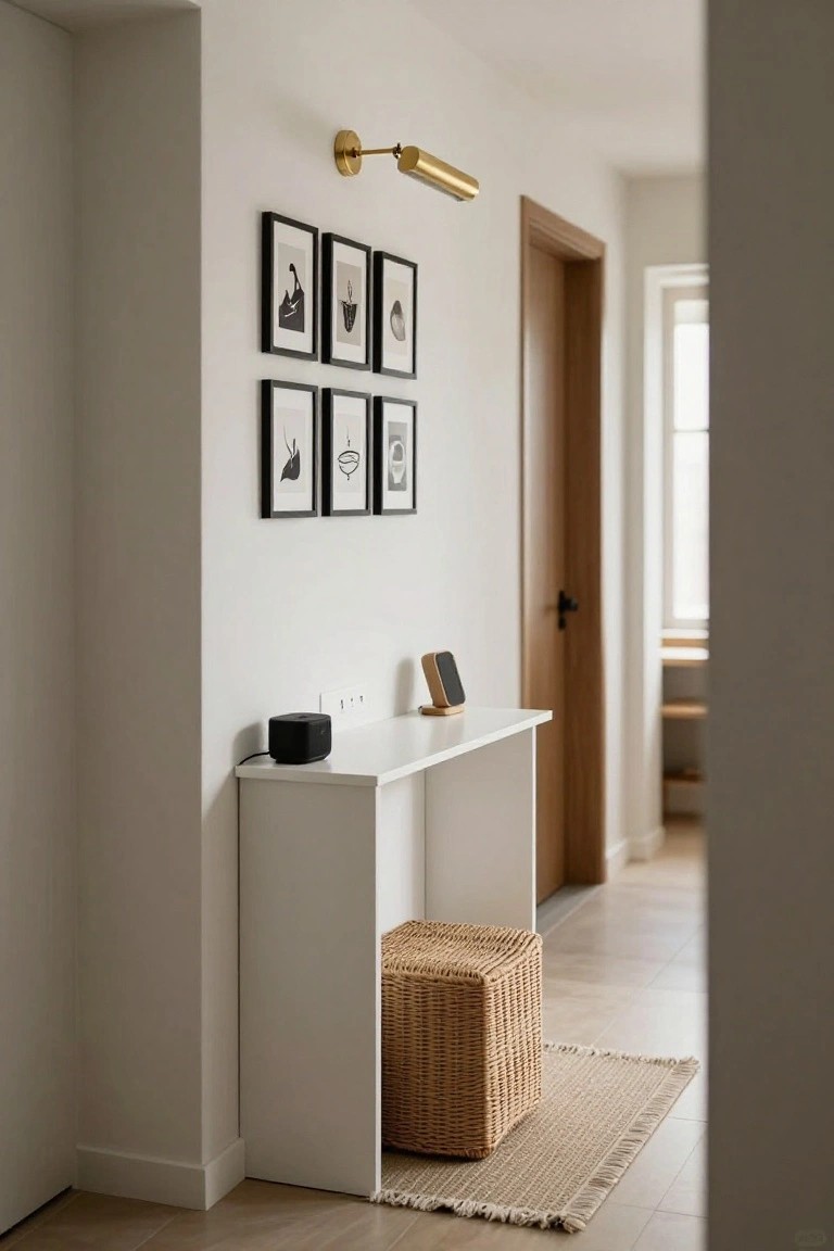 Narrow white console table against white hallway wall with black-framed artwork above, gold wall sconce light, black speaker and phone stand on table, wicker stool underneath, wooden door and electrical outlets nearby.