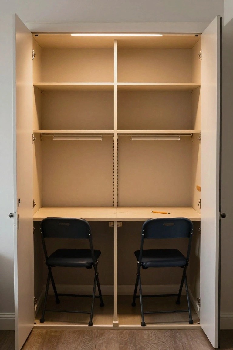 Open white double-door closet with beige shelves, LED lighting strips, a built-in wooden desk with a pencil, and two black folding chairs, viewed from a wooden floor room.