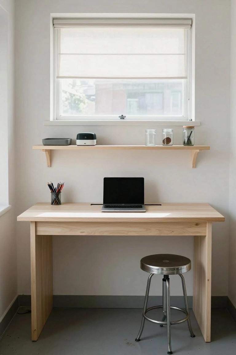 A small home office with light wood desk holding a closed laptop, glass jar of pencils nearby, wall-mounted wooden shelf above displaying jars and a black speaker, metal adjustable stool, and window with sheer blinds.