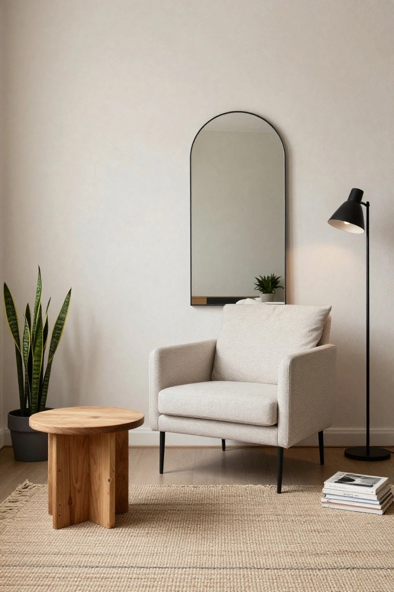 Beige fabric armchair with black legs next to round wooden tripod side table in neutral room with arched black mirror on wall, black floor lamp, potted snake plant, seagrass rug, and stacked magazines on wood floor.