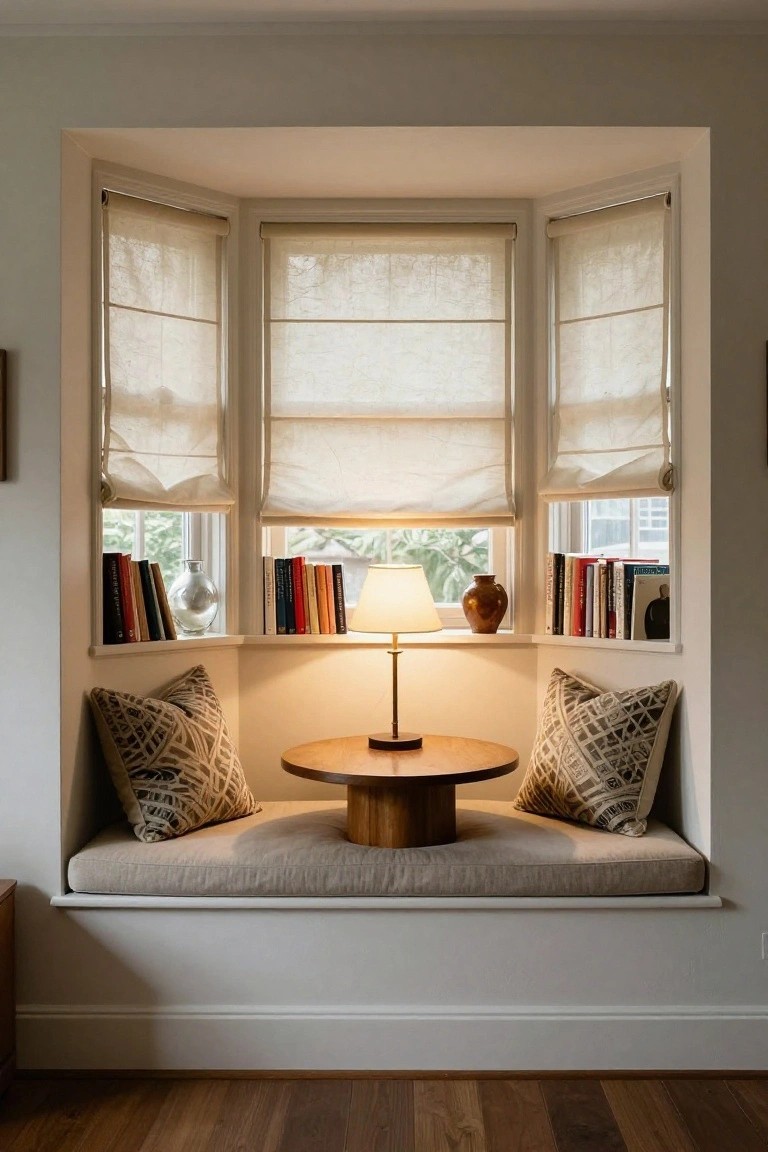 Bay window nook with cushioned bench seat, patterned pillows, small round wooden table, lamp, bookshelves on side walls with books and pottery, sheer roman shades partially drawn.