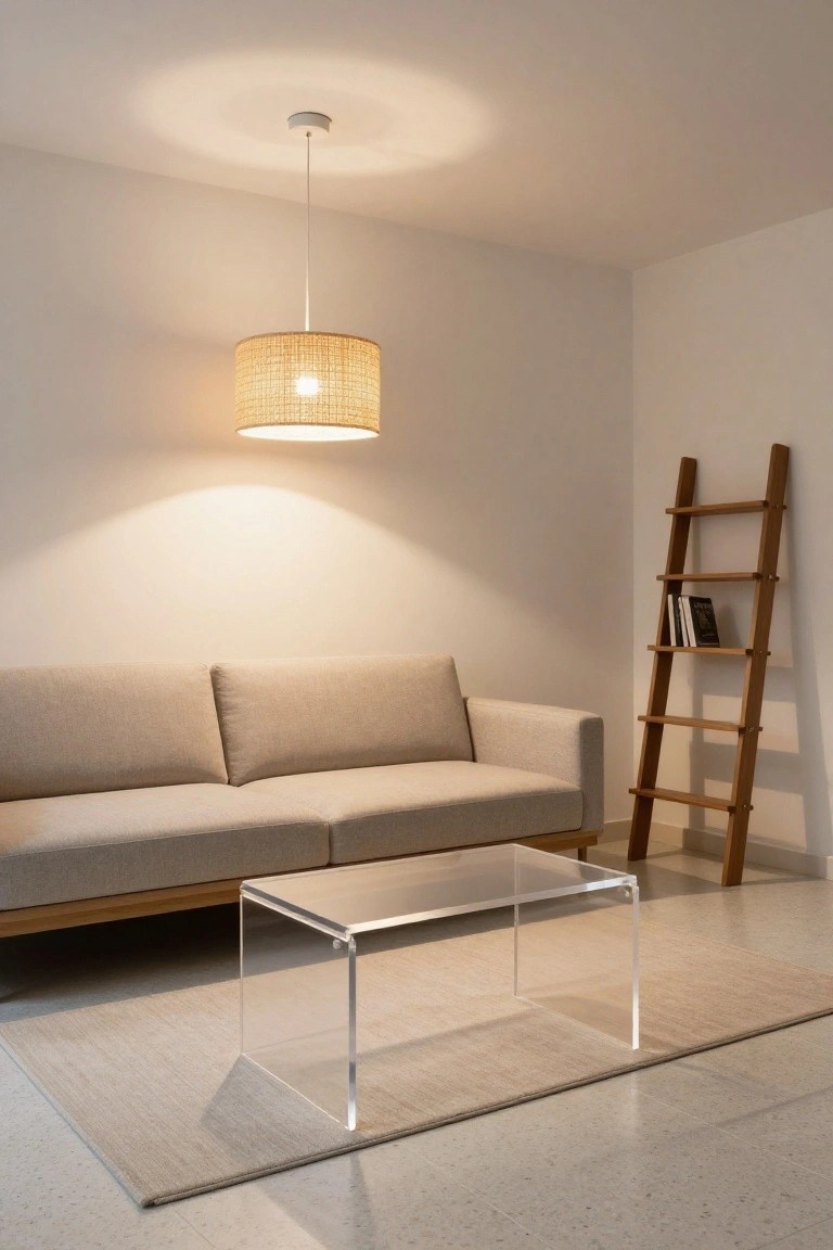 Beige low-profile sofa against a white wall in a small living room, with a clear acrylic coffee table on a light gray rug, wooden ladder shelf nearby holding books, and rattan pendant lamp overhead.