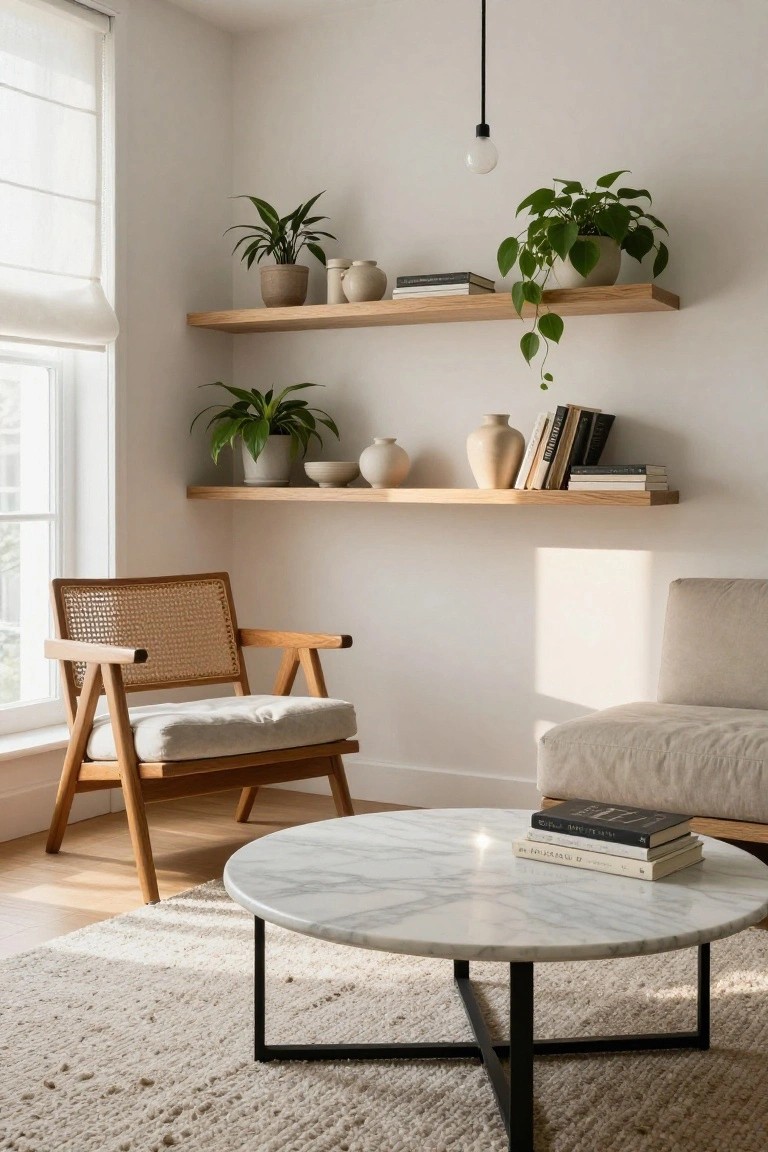 A cozy living room corner featuring a rattan armchair with white cushion by a window, a beige sofa nearby, round white marble coffee table with stacked books on a beige rug, wooden floating shelves holding plants, ceramics, and books, light wood floor, white walls.