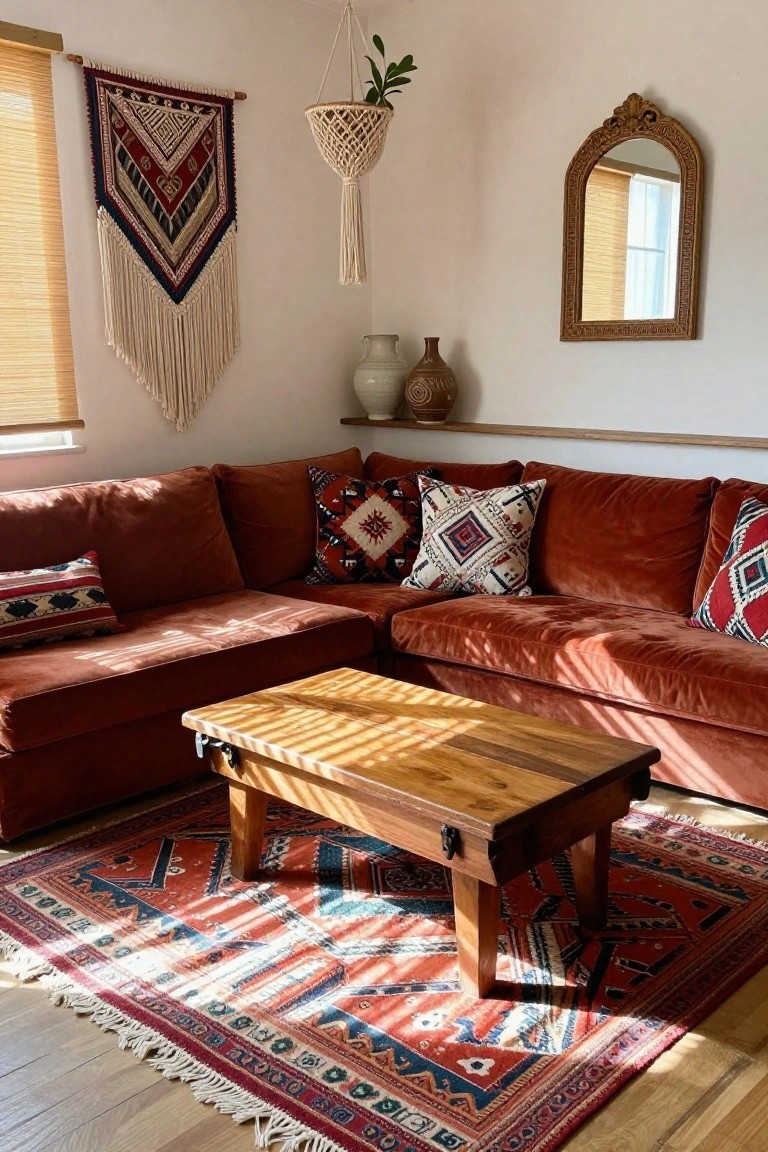 Sunlit corner of a living room with rust velvet L-shaped sofa, wooden coffee table on red and blue patterned rug, macrame wall hanging, hanging plant, gold-framed mirror, and pottery on shelf.