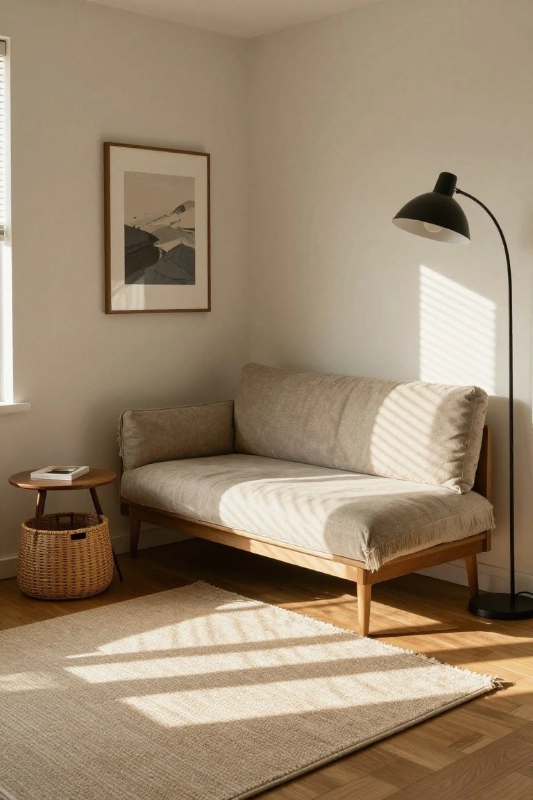 Beige low-profile corner sofa with wooden frame and fringed cushions in a light room, beside a small wooden side table holding a book and woven basket, with a black arc lamp, framed abstract artwork on wall, light rug on wood floor, and sunlight through window blinds.