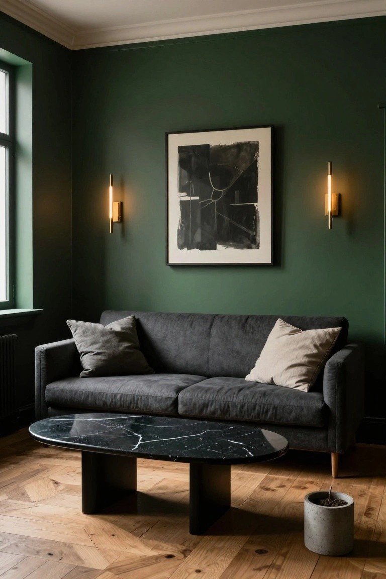 Corner of a living room with deep green walls, dark gray sofa with gray and cream pillows, oval black marble coffee table on black legs, abstract black ink artwork in white frame, brass wall sconces, herringbone parquet floor, and concrete planter with plant.