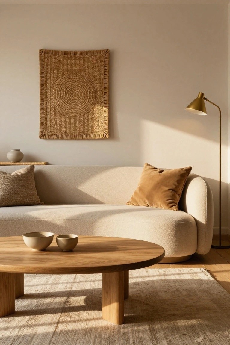 A light beige curved sofa in a minimalist living room with a round wooden coffee table on legs, two white ceramic bowls on the table, tan pillows, a woven tan wall hanging, and a gold arched floor lamp.