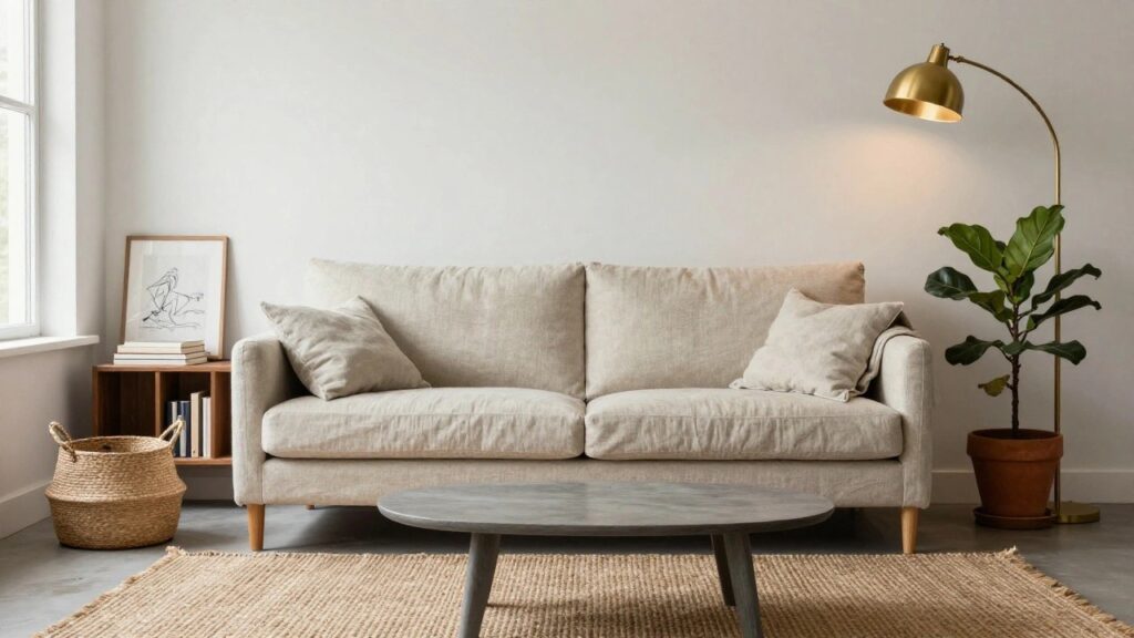 A beige low-profile sofa against a wall under a tall window in a light living room, with an oval wooden coffee table in front, potted fiddle leaf fig plant, gold floor lamp, woven pouf, seagrass rug, and small shelf with books and frames.