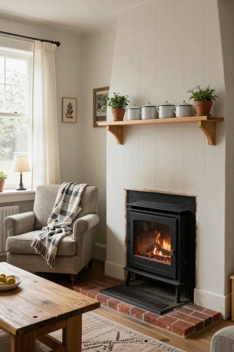A beige armchair with a black-and-white checkered blanket facing a lit black cast-iron fireplace stove in a white-paneled living room corner, with a wooden coffee table holding lemons in a bowl, wooden shelves displaying plants and white pots above, and a window with sheer white curtains nearby.