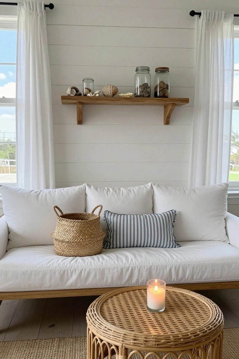 White slipcovered sofa against white shiplap wall under wooden floating shelf displaying glass jars, shells, rocks, and a coconut shell; striped pillow and woven basket on sofa, low round rattan table with lit glass candle in front, sheer white curtains on two large windows.