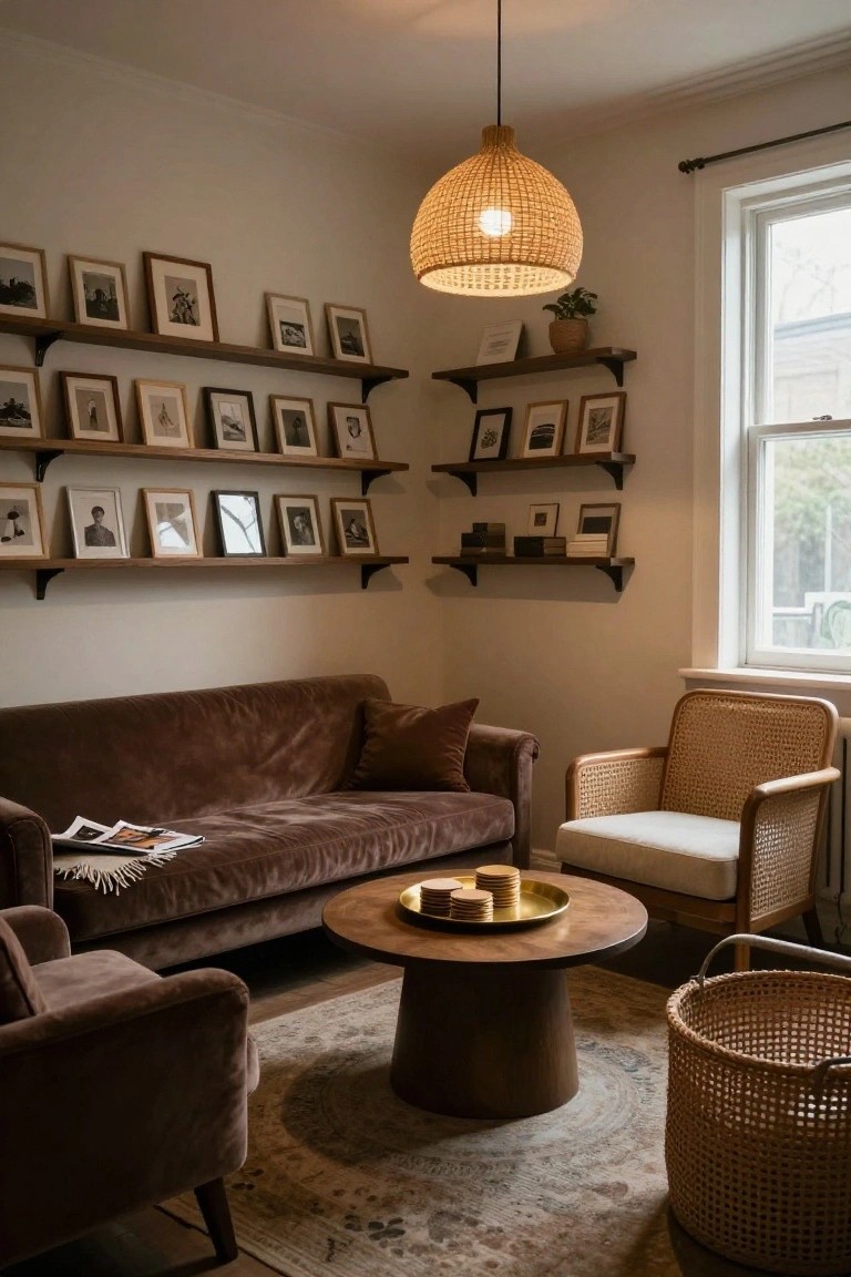Small living room featuring brown velvet sofa and armchairs arranged around a round wooden coffee table on a patterned rug, with multiple wooden floating shelves on beige walls displaying numerous framed photos, a rattan pendant light overhead, and a large window nearby.