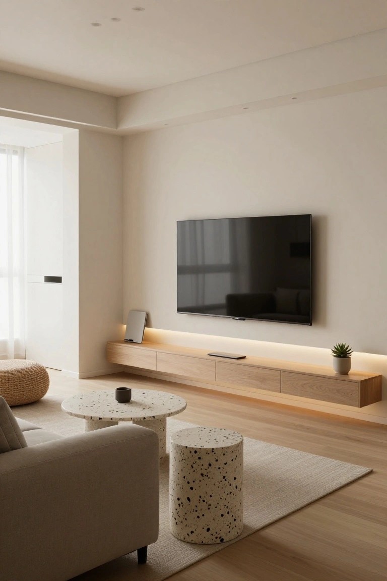 Beige sofa in a light-colored living room with wall-mounted black TV above floating light wood console featuring drawers and LED lighting strip, speckled round coffee tables, woven round poufs, potted plant, and light wood flooring with beige rug.