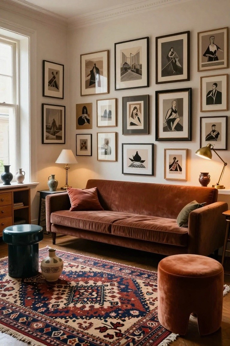 Small living room corner with rust velvet sofa under tall gallery wall of assorted black-and-white framed prints, patterned rug on wood floor, side table with vase, and two desk lamps.