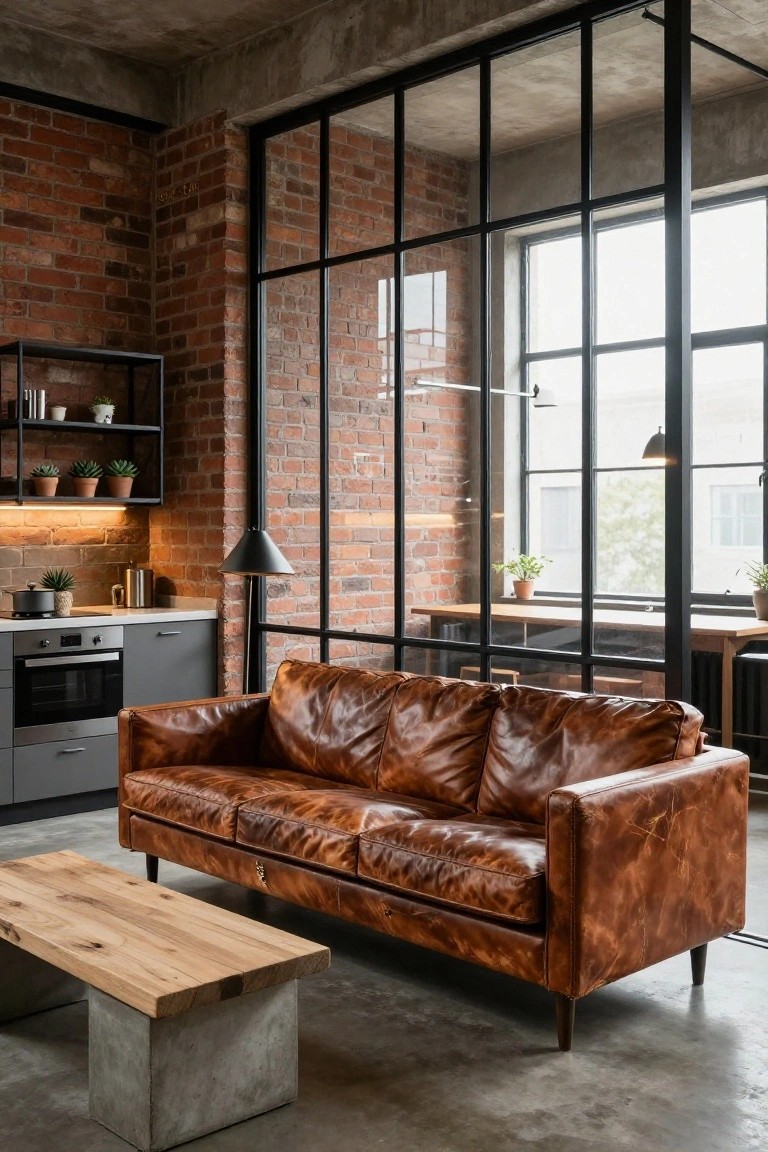 Industrial-style living room featuring a brown leather three-seater sofa with wooden legs, low wooden coffee table on concrete base, exposed brick walls, gray kitchen cabinets, plants, and large black metal-framed glass windows and doors.