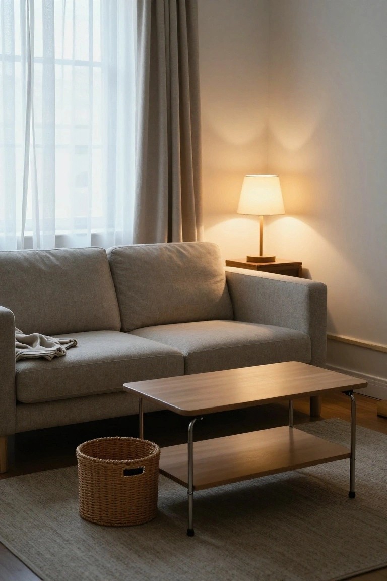 Gray fabric sofa against a white wall in a bright living room corner, with sheer curtains on windows, wooden low coffee table, side table with lamp, and wicker basket on a gray rug.